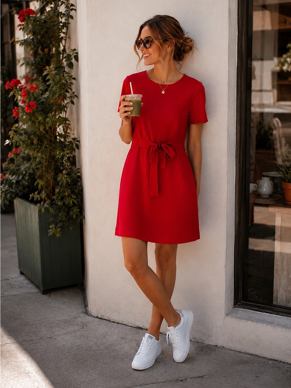 1901 Red Short Sleeve Tie-Waist Dress